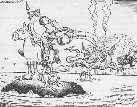 Cartoon of Jim's goodwill mission to St. Georges island (YPM 1.6)
